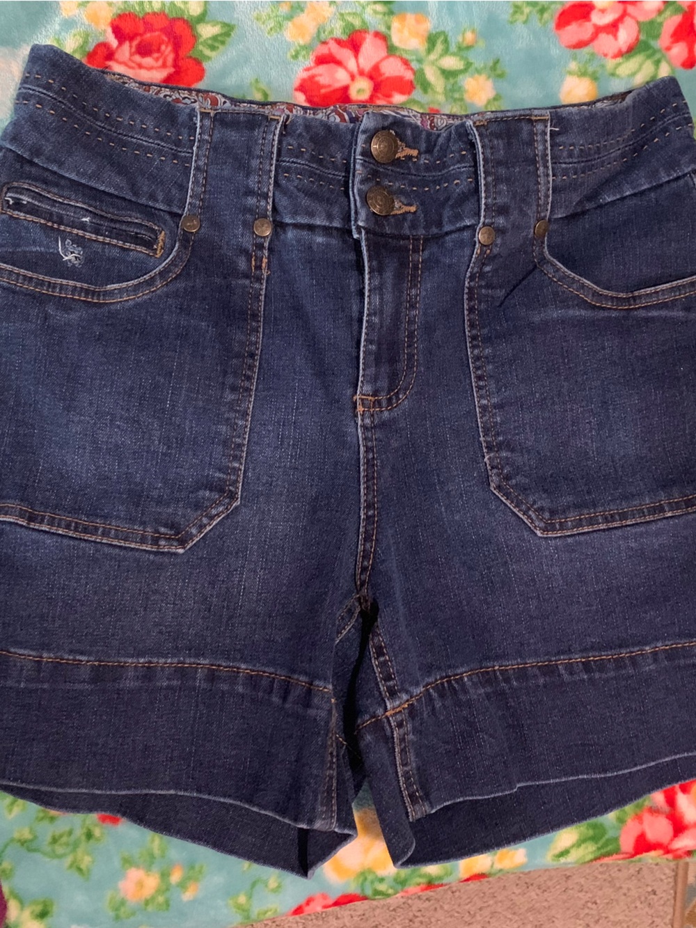 Women's Dark Blue Denim Jean Shorts with Double-Button Waist Stitched Cuff Hem